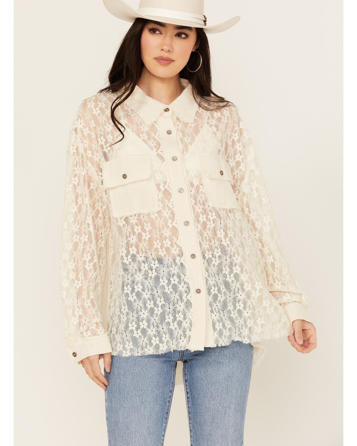 Image #1 - People of Leisure Women's Floral Lace Long Sleeve Button-Down Shirt, White, hi-res