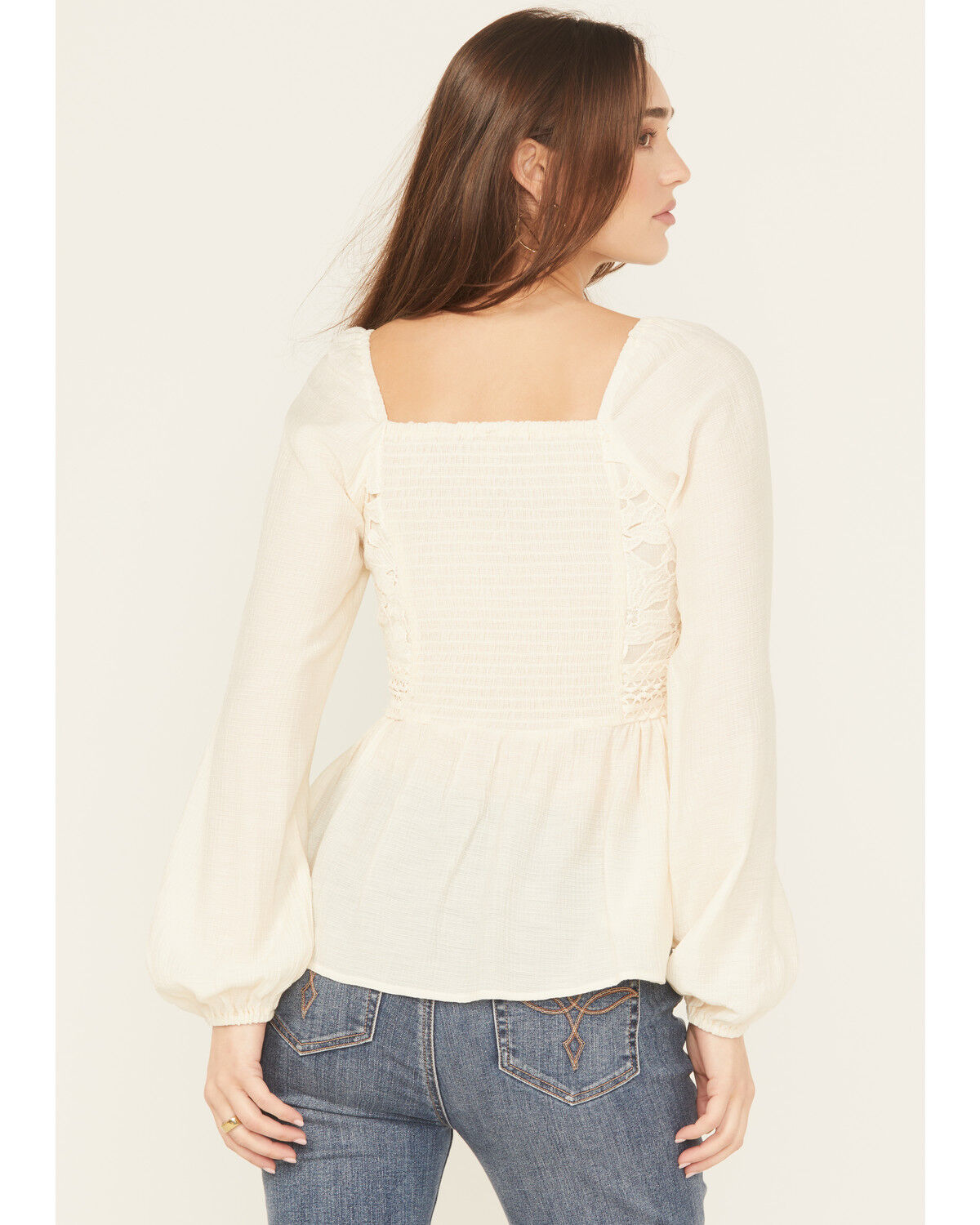 Image #4 - Shyanne Women's Crochet Lace Long Sleeve Crinkle Top, Cream, hi-res
