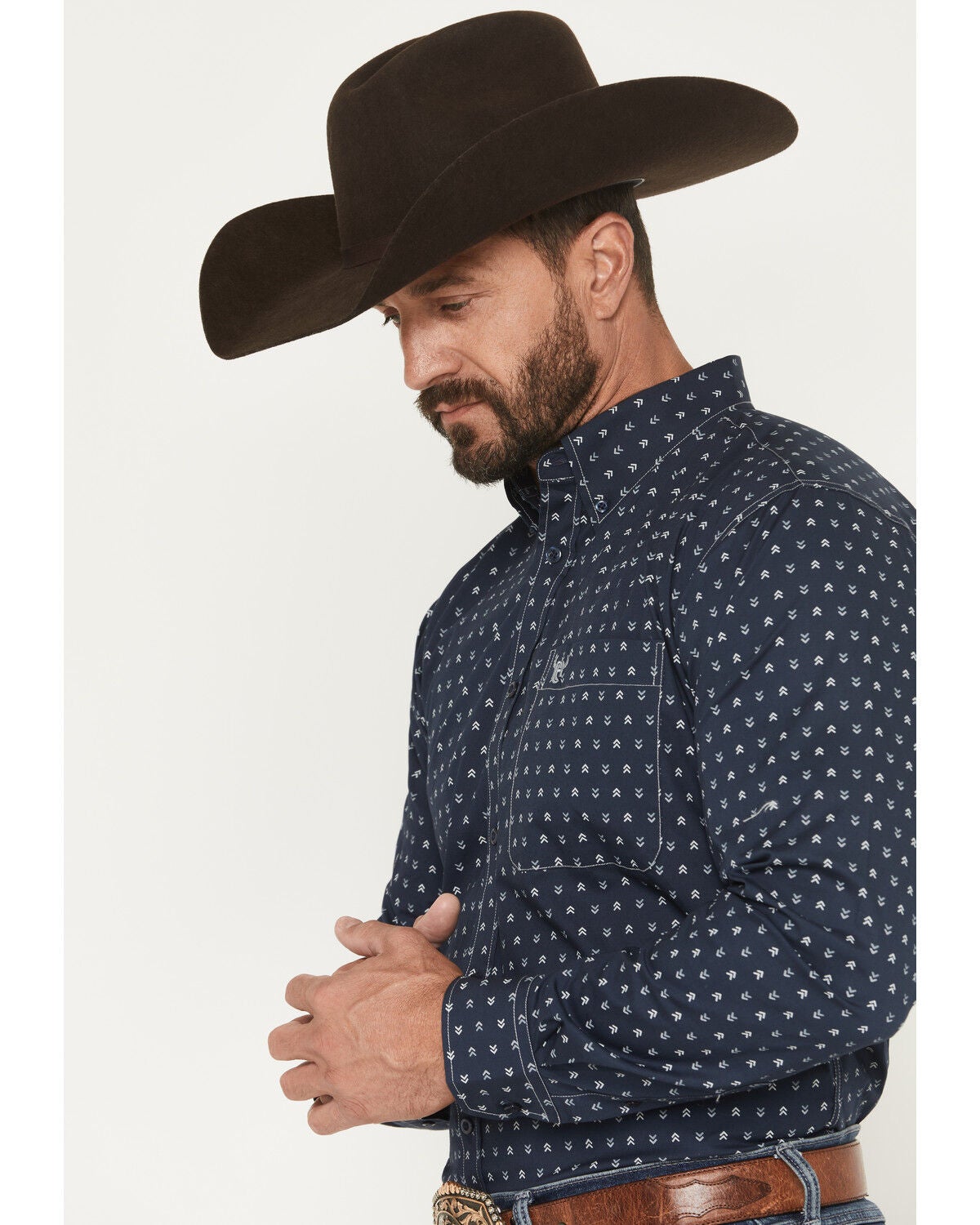 Image #2 - Cowboy Hardware Men's Mini Chevron Print Long Sleeve Button-Down Stretch Western Shirt, Navy, hi-res