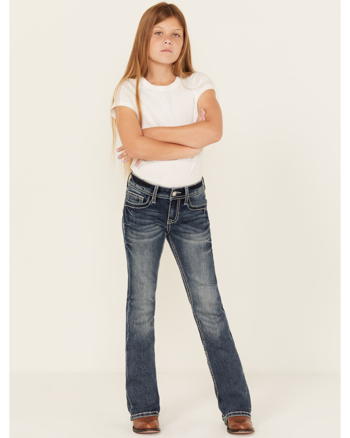 Image #3 - Grace In LA Girls' Chevron Embroidered Medium Wash Bootcut Stretch Denim Jeans, Blue, hi-res