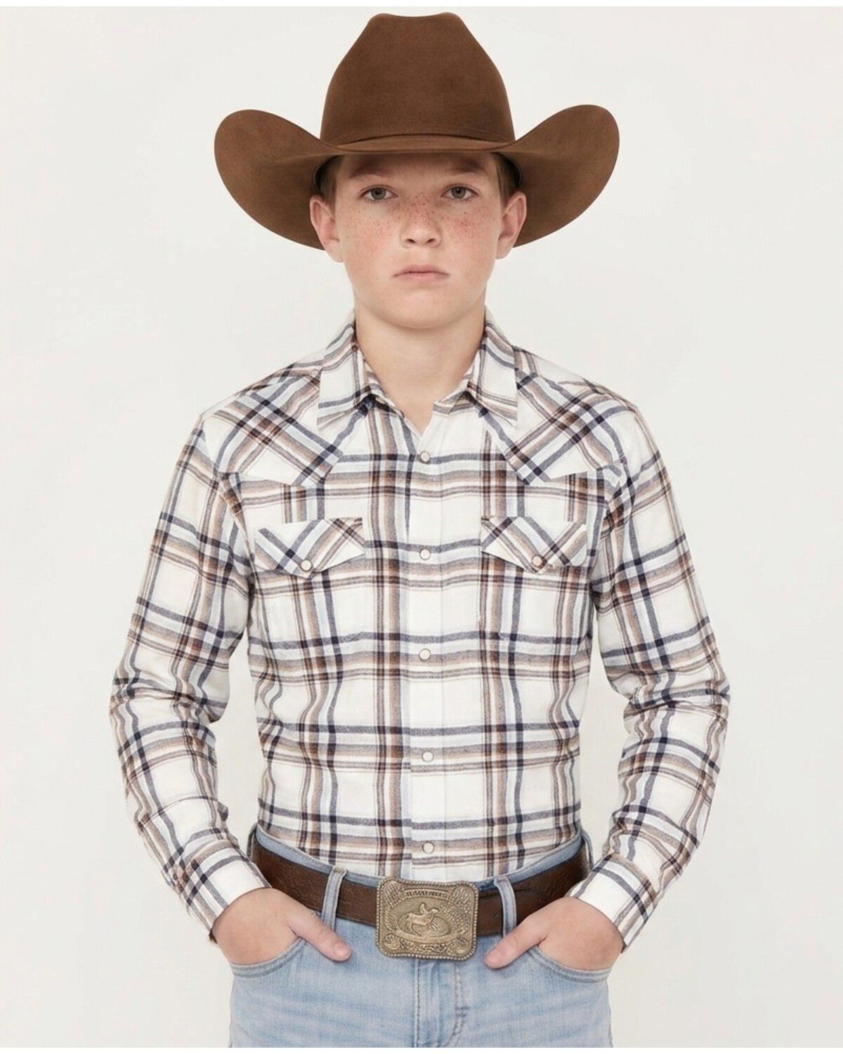 Gibson Trading Co Boys' Tucker Plaid Print Long Sleeve Snap Flannel Shirt, White, hi-res