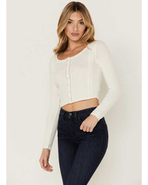 Image #1 - Idyllwind Women's Daisy Trail Pointelle Button Front Long Sleeve Top, Ivory, hi-res