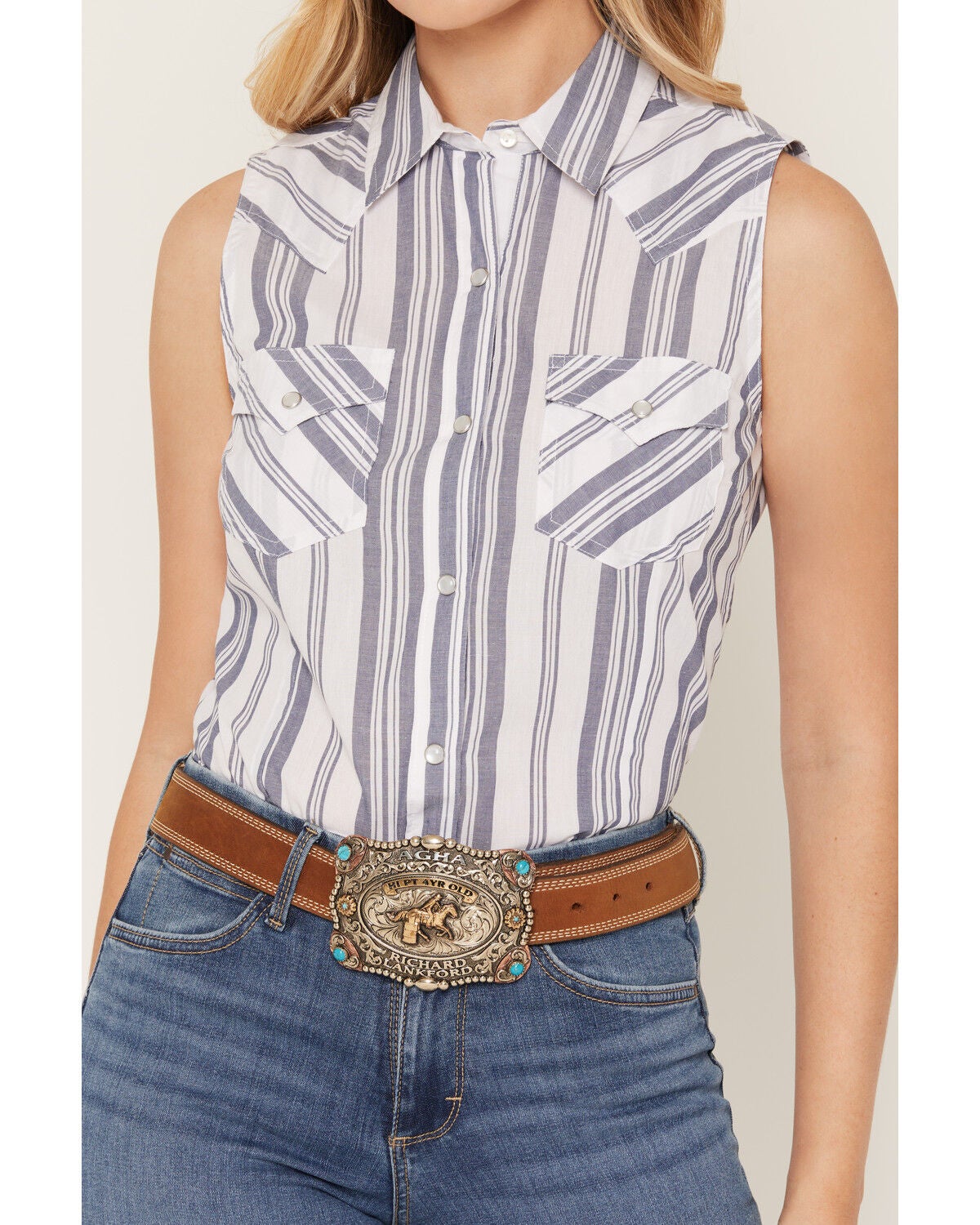 Image #3 - Wrangler Retro Women's Boot Barn Exclusive Striped Sleeveless Pearl Snap Western Shirt, Blue, hi-res