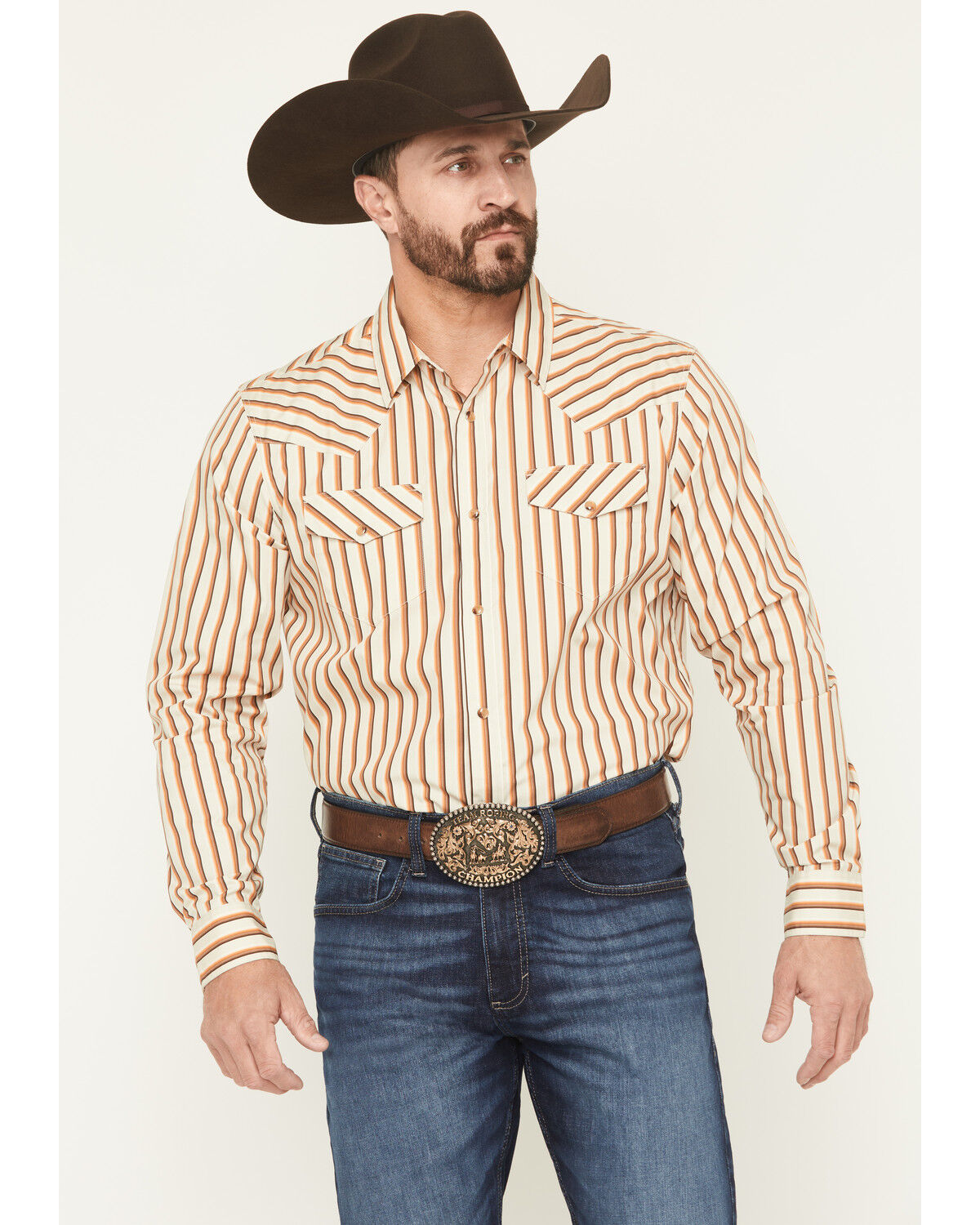 Image #1 - Gibson Trading Co Men's Sand Trap Striped Long Sleeve Snap Western Shirt, Tan, hi-res
