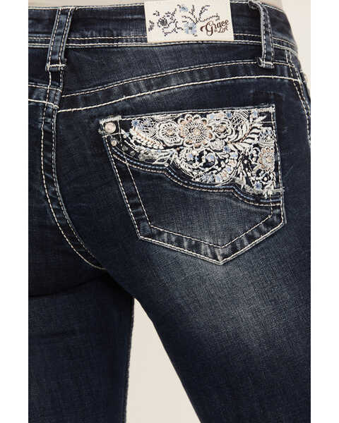 Image #2 - Grace in LA Women's Medium Wash Low Rise Floral Embroidered Pocket Stretch Bootcut Jeans , Dark Wash, hi-res
