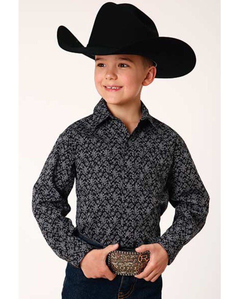 Roper Boys' Paisley Print Black Snap Western Shirt, Black, hi-res