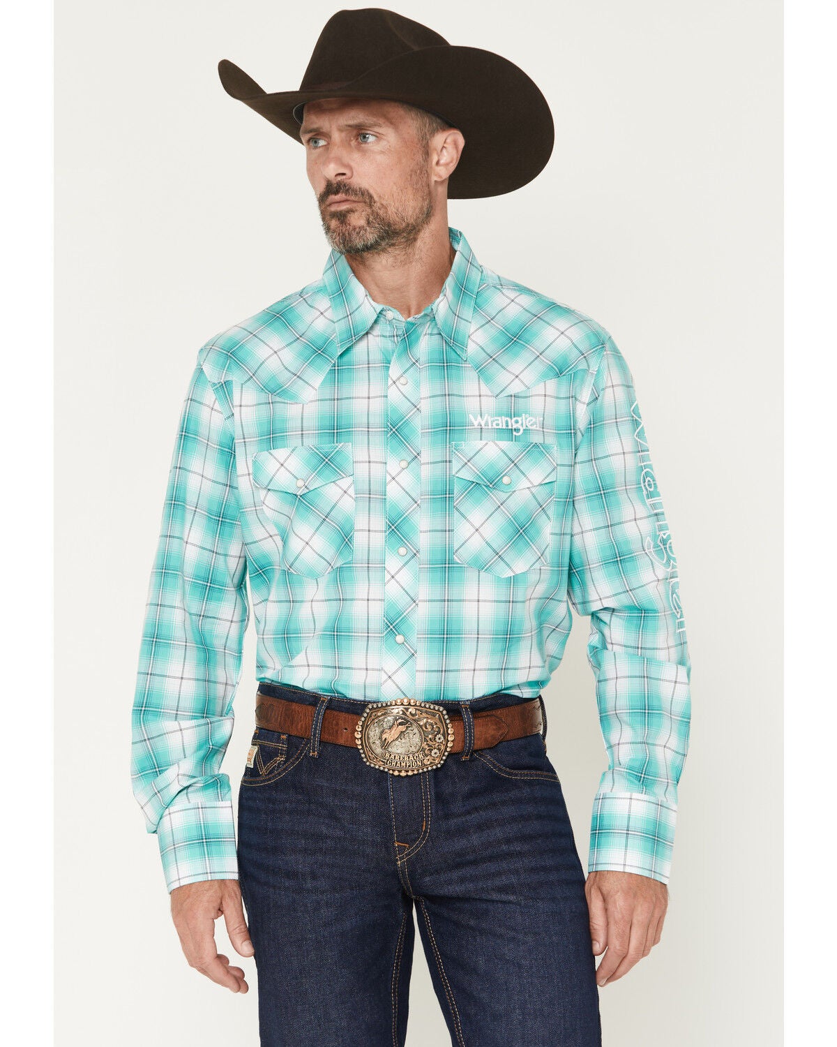 Wrangler Men's Logo Plaid Print Long Sleeve Snap Western Shirt, Turquoise, hi-res