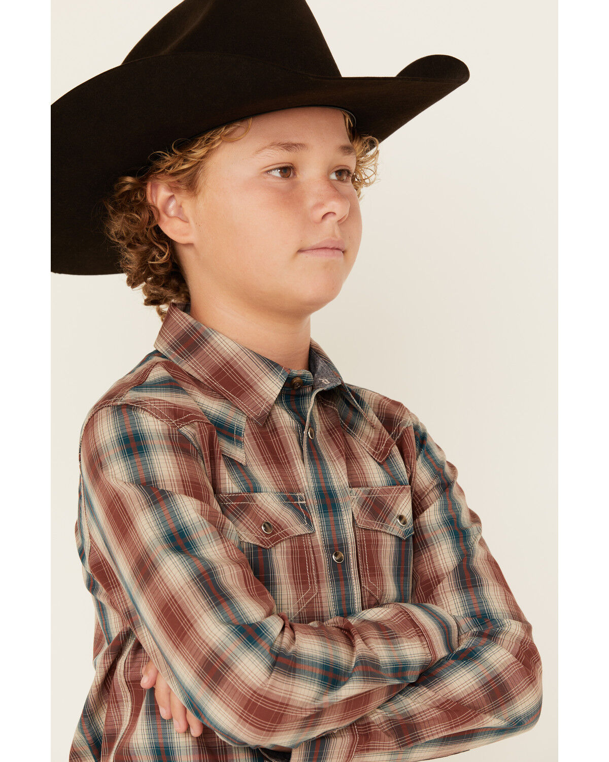 Image #2 - Cody James Boys' Ricardo Plaid Print Long Sleeve Snap Western Shirt, Tan, hi-res
