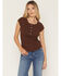 Image #1 - Shyanne Women's Solid Short Sleeve 1/4 Button-Down Shirt, Chocolate, hi-res