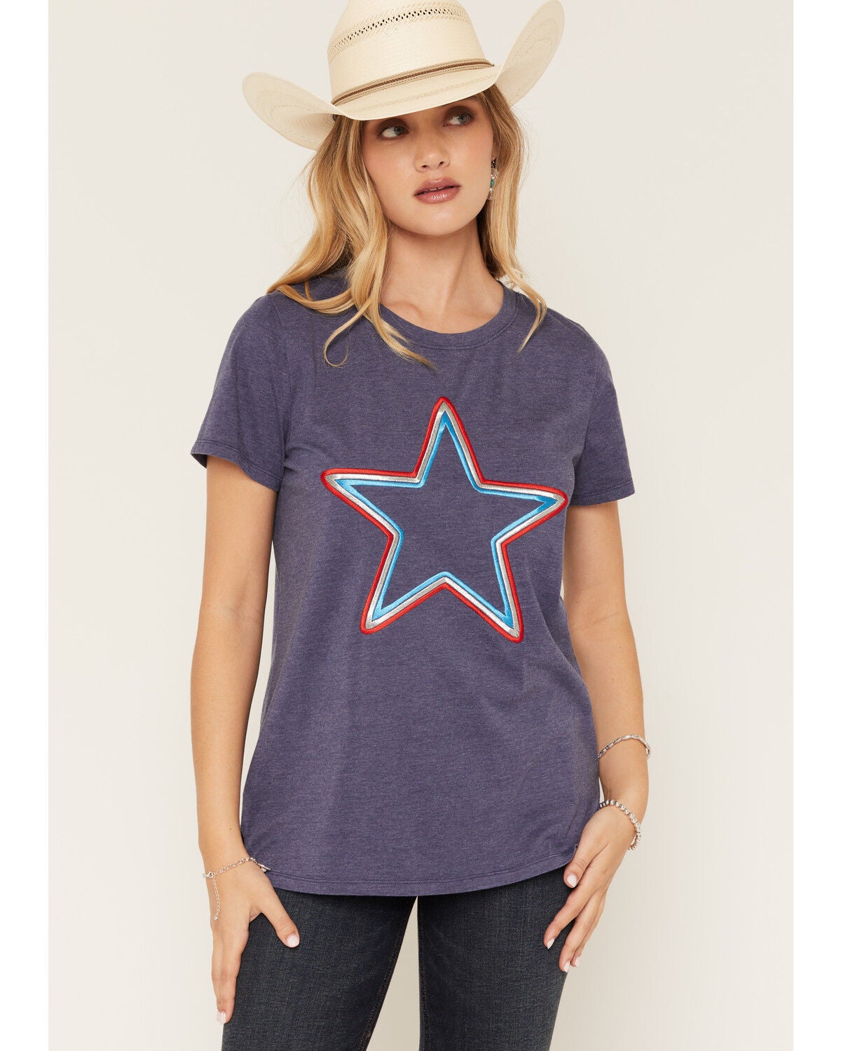 Image #1 - Blended Women's Star Embroidered Short Sleeve Tee, Navy, hi-res