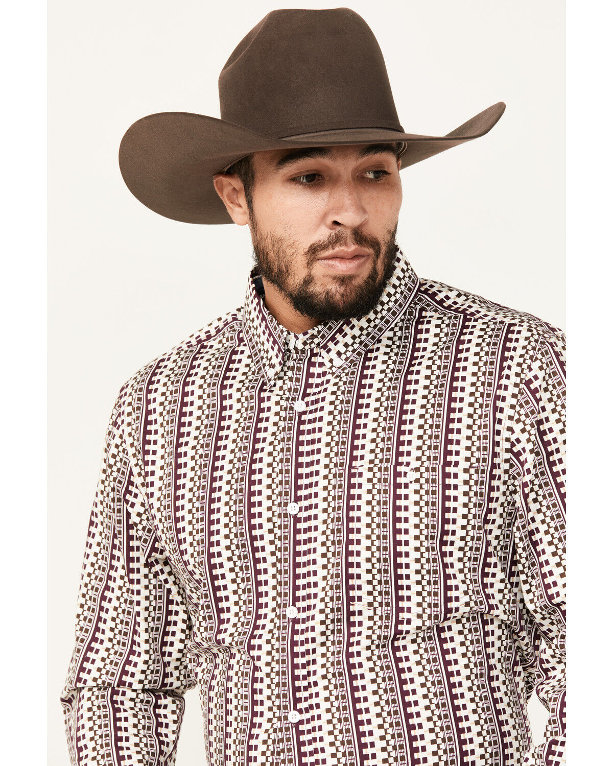 Image #2 - RANK 45® Men's Railroad Geo Print Long Sleeve Button-Down Western Shirt, Grape, hi-res