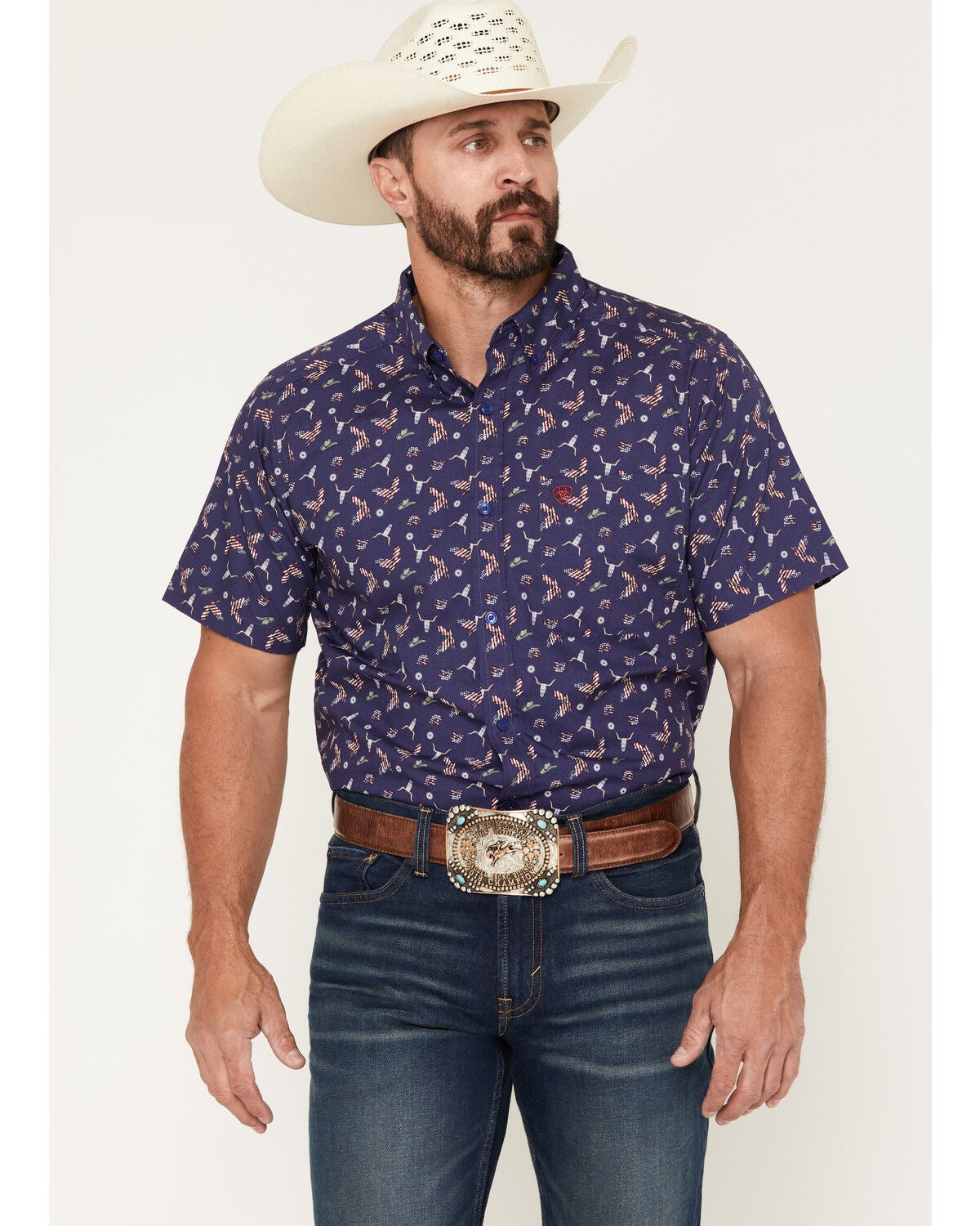 Image #1 - Ariat Men's Berne Americana Print Short Sleeve Button-Down Shirt, Blue, hi-res