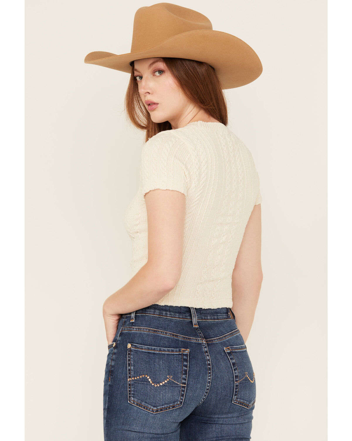 Image #4 - Evergreen Women's Cable Rib Short Sleeve Top, Tan, hi-res