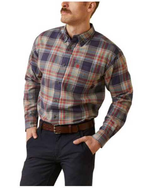 Ariat Men's FR Kane Plaid Print Long Sleeve Button-Down Work Shirt , Navy, hi-res
