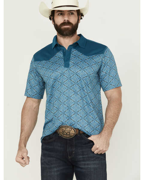 Image #1 - RANK 45® Men's Cameron Color Block Short Sleeve Polo Shirt , Teal, hi-res