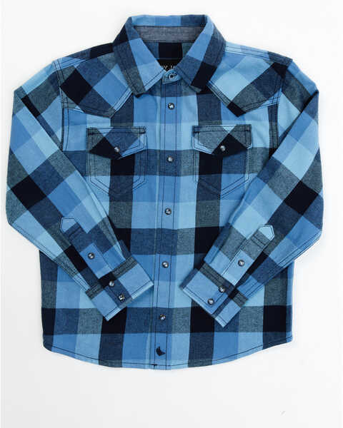 Image #1 - Cody James Boys' Plaid Print Long Sleeve Snap Western Shirt, Navy, hi-res