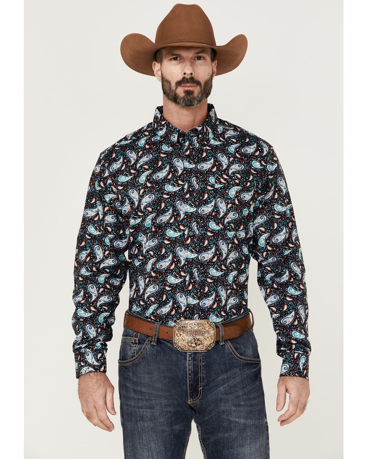 RANK 45&reg; Men's Rodeo Large Paisley Print Long Sleeve Button-Down Western Shirt, Blue, hi-res