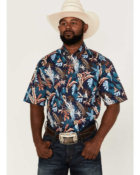 Rough Stock By Panhandle Men's Tropical Print Short Sleeve Button Down Western Shirt , Navy, hi-res