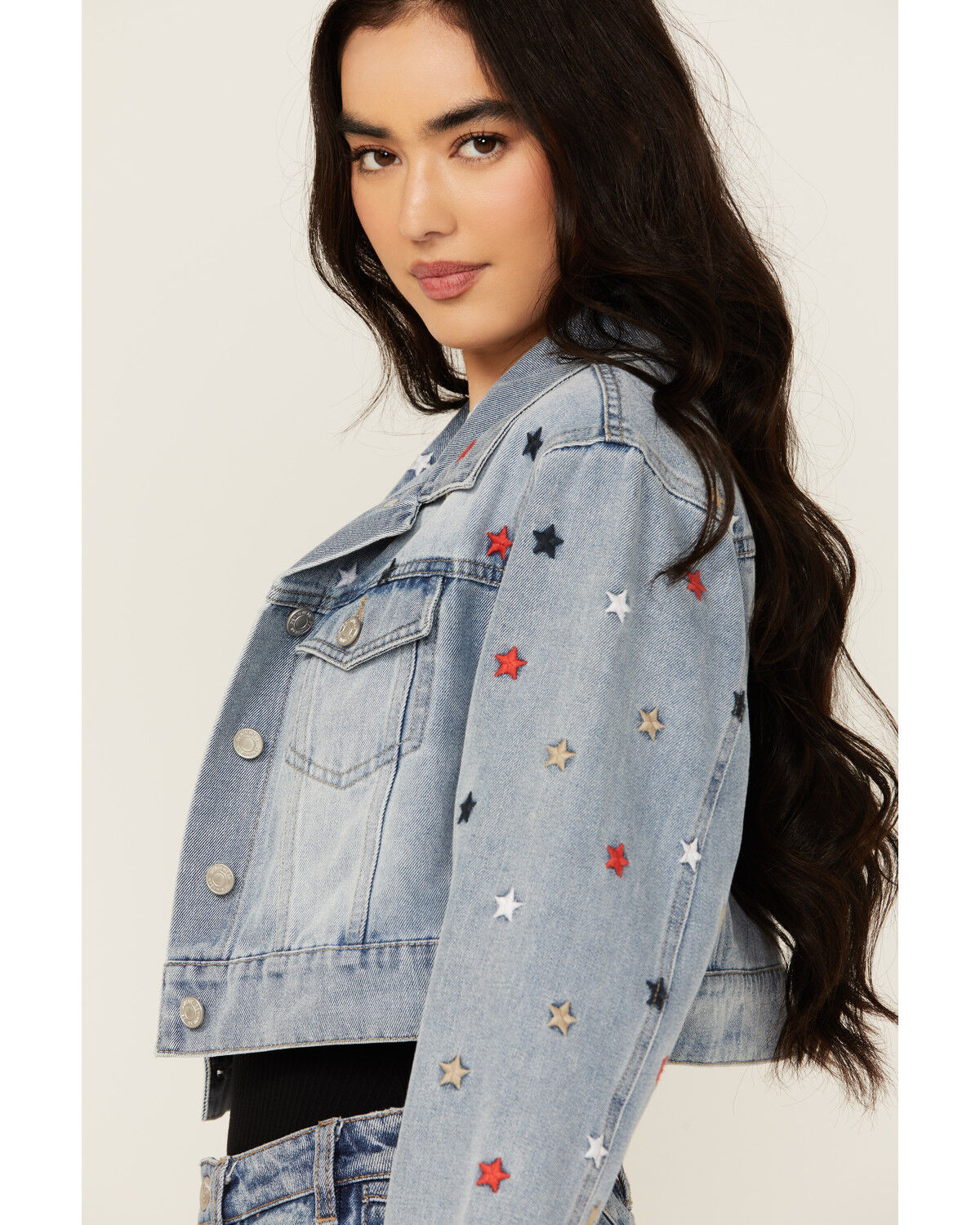 Image #2 - Stoosh Women's Medium Wash Star Embroidered Cropped Denim Jacket, Medium Wash, hi-res