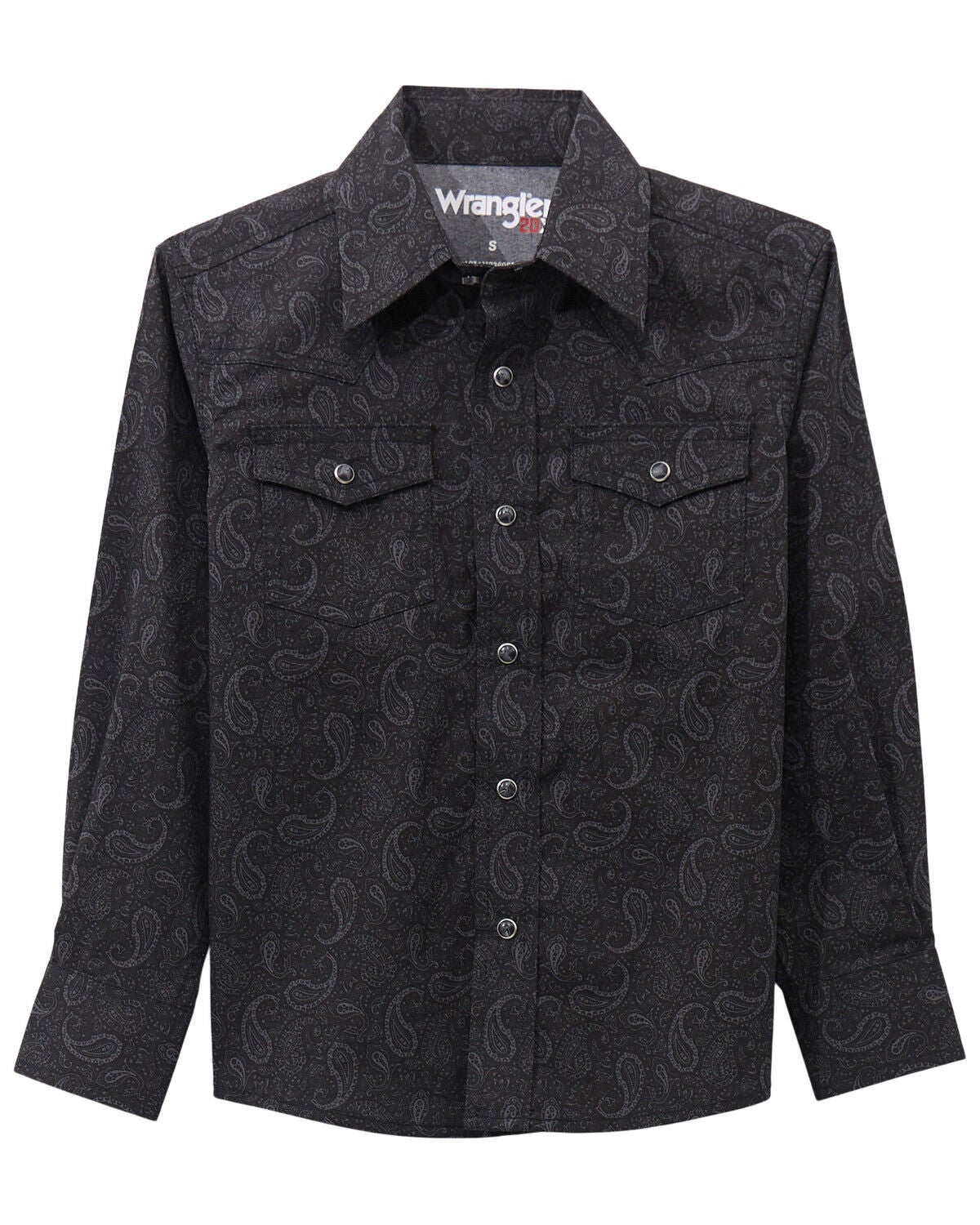 Wrangler 20X Boys' Paisley Print Long Sleeve Snap Stretch Western Shirt, Black, hi-res