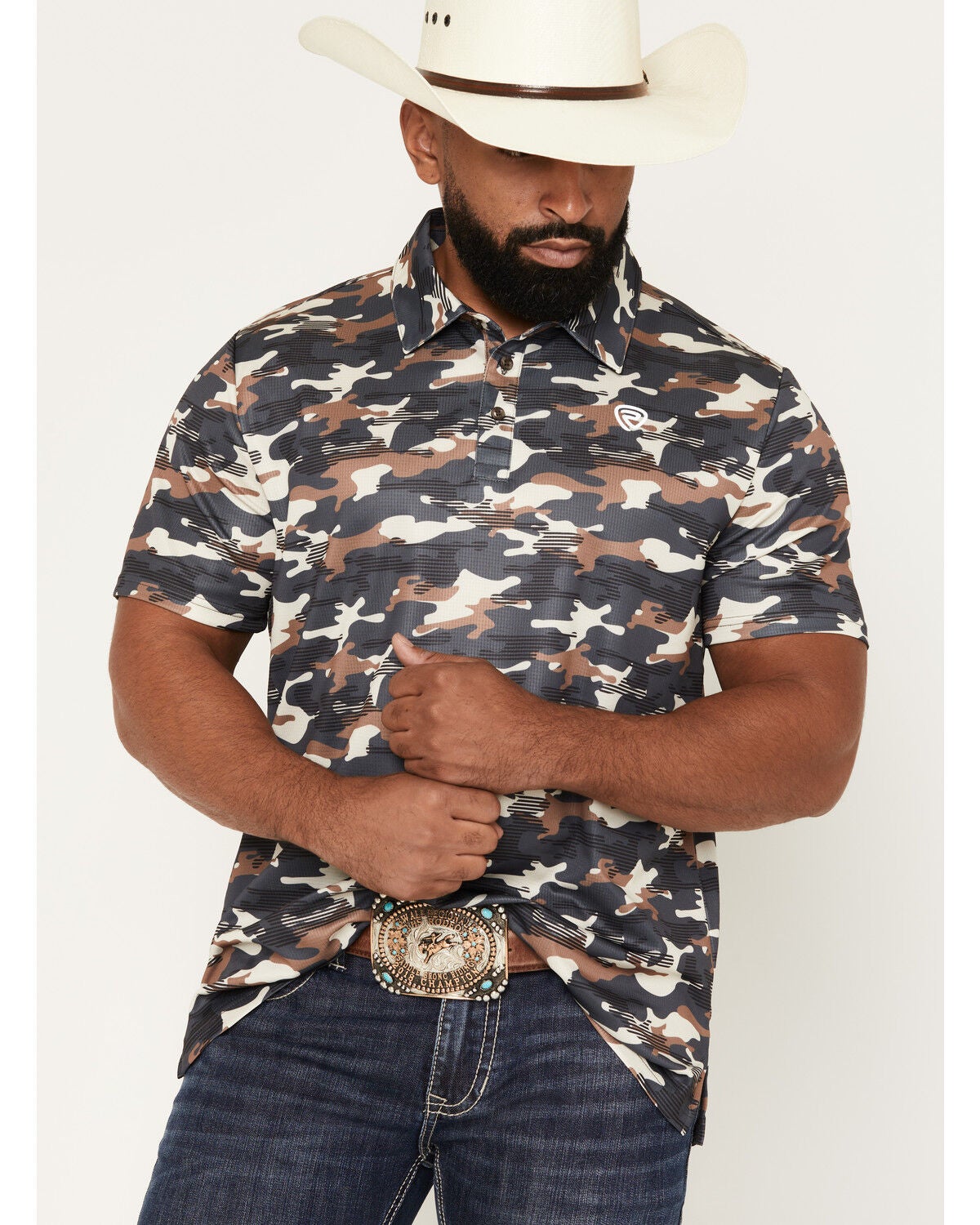 Rock & Roll Denim Men's Camo Print Short Sleeve Button-Down Polo Shirt, Charcoal, hi-res