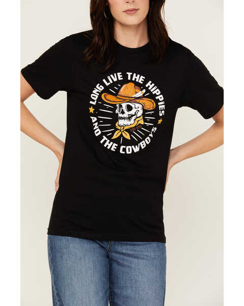 Image #3 - Rodeo Hippie Women's Long Live Cowboys Skull Short Sleeve Graphic Tee, Black, hi-res