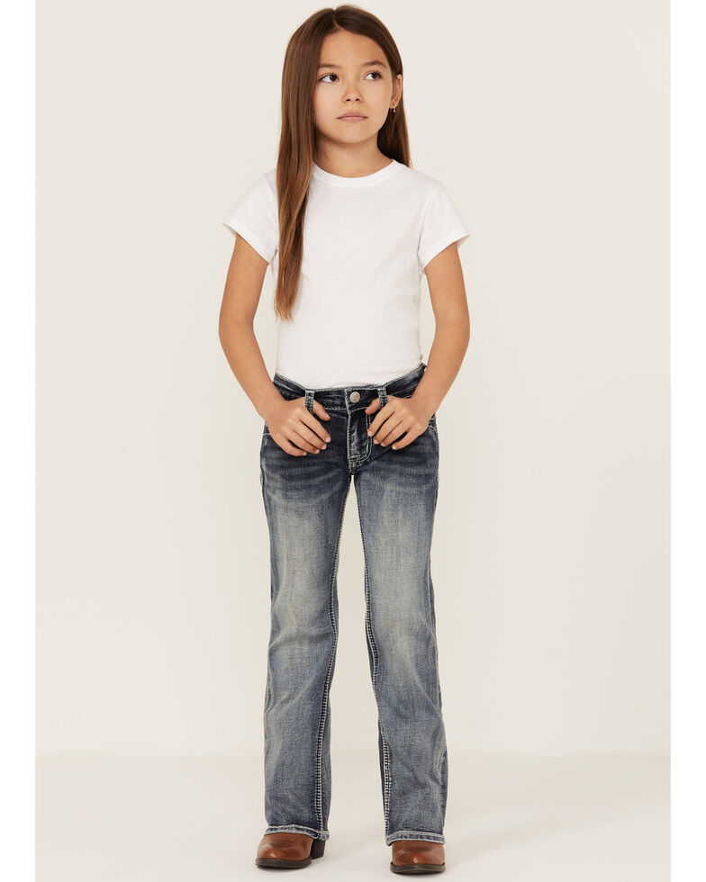 Grace In LA Girls' Medium Wash Floral Pocket Stretch Bootcut Jeans , Blue, hi-res