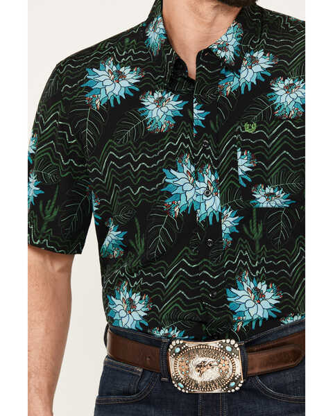 Image #3 - Panhandle Men's Tropical Print Short Sleeve Western Snap Shirt, Black, hi-res