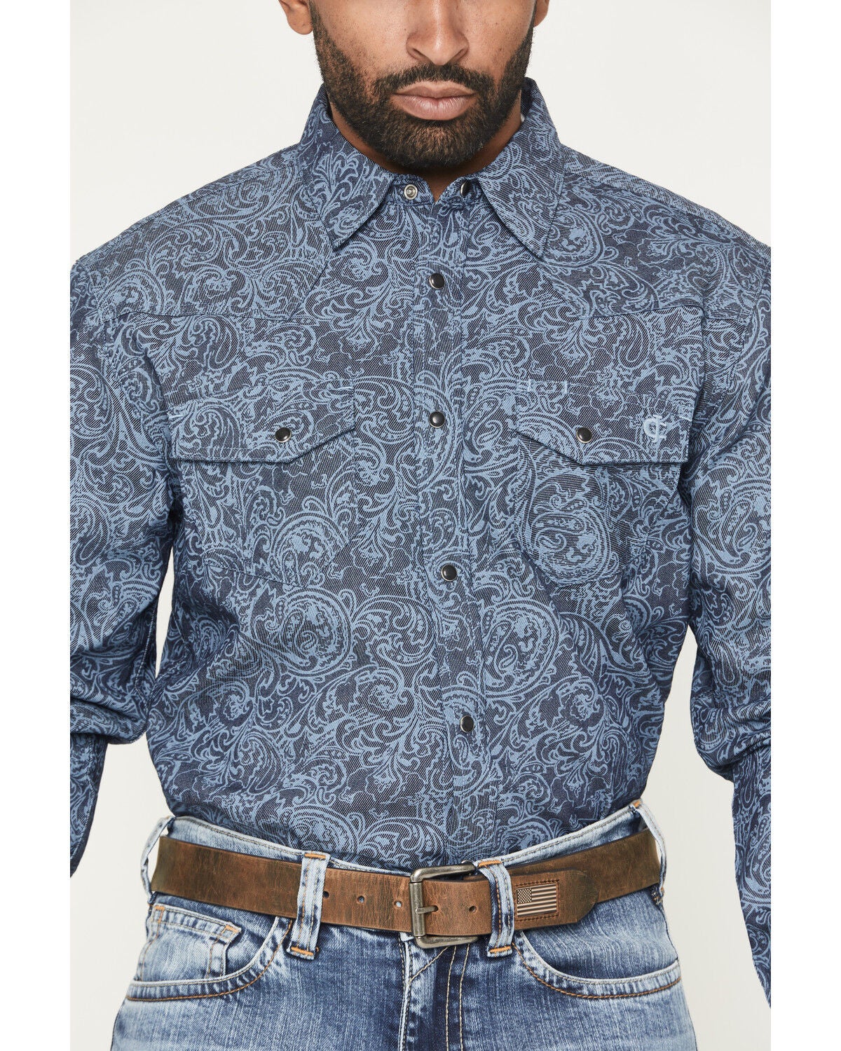 Image #3 - Cody James Men's FR Denim Paisley Long Sleeve Snap Shirt, Indigo, hi-res