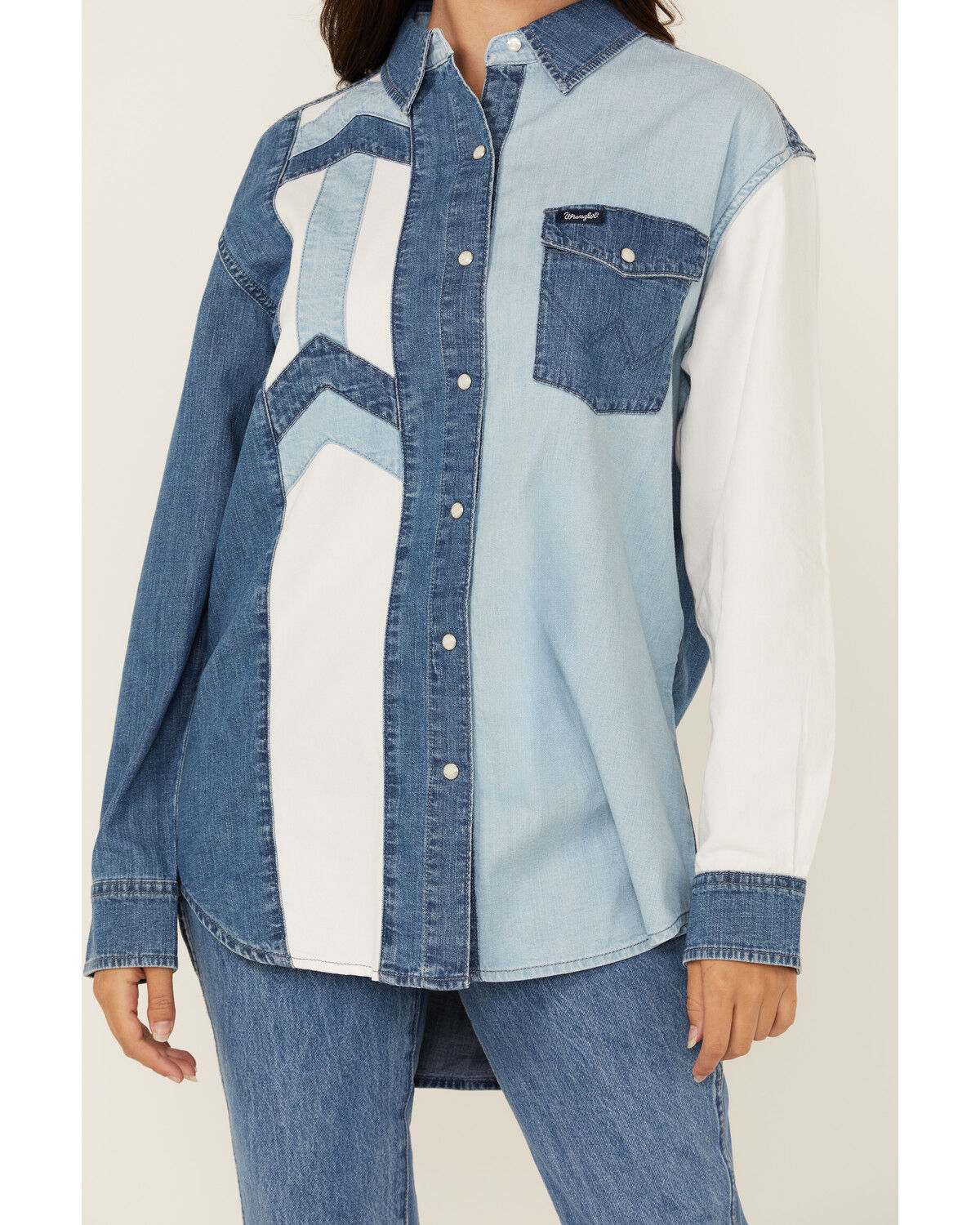 Image #3 - Wrangler Retro Women's Color Block Denim Long Sleeve Snap Western Shirt, Blue, hi-res