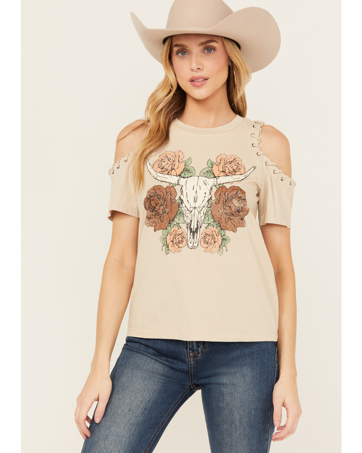 Image #1 - Shyanne Women's Cold Shoulder Steerhead Graphic Tee, Taupe, hi-res