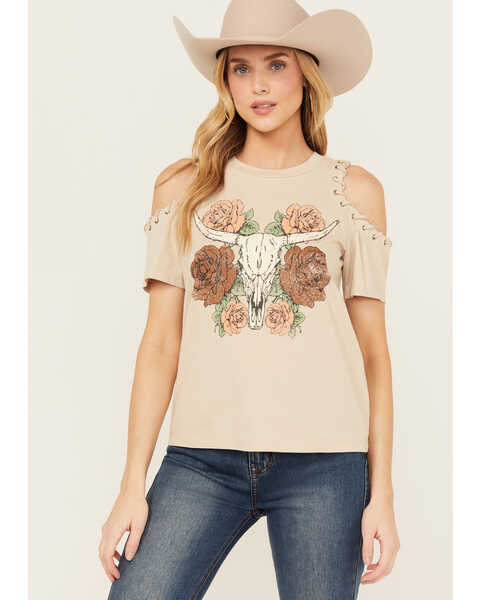 Image #1 - Shyanne Women's Cold Shoulder Steerhead Graphic Tee , Taupe, hi-res