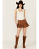 Image #1 - Rock & Roll Denim Women's High Rise Faux Suede Fringe Shorts, Camel, hi-res
