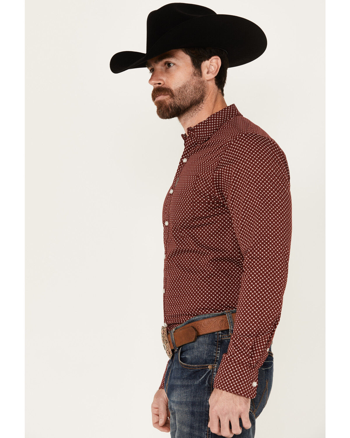 Image #2 - Ariat Men's Macoy Geo Print Long Sleeve Button-Down Stretch Western Shirt, Wine, hi-res