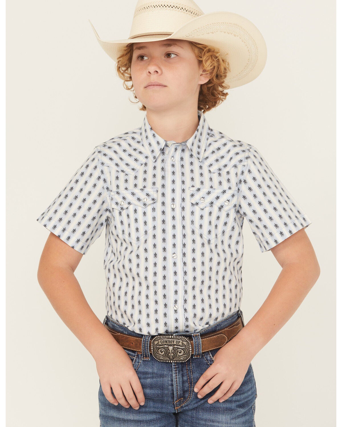 Cody James Boys' Outlaw Pass Striped Print Short Sleeve Snap Western Shirt, White, hi-res