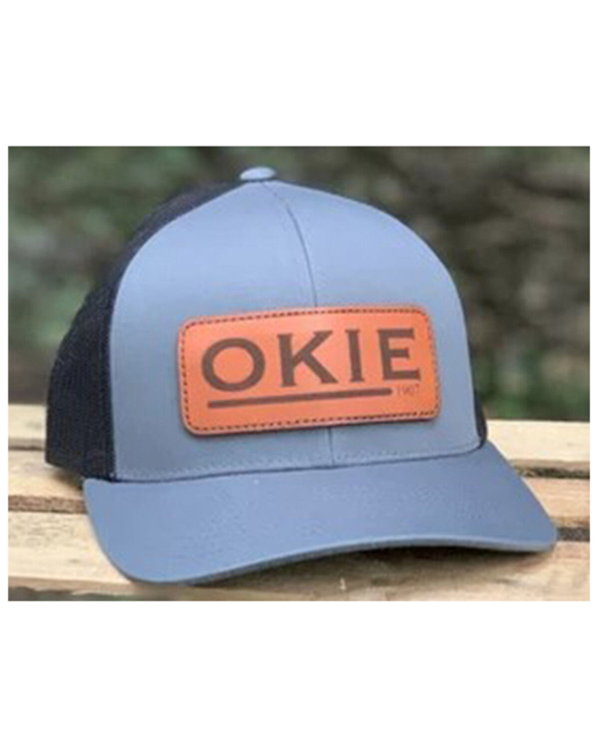 Image #1 - Okie Men's Grey & Black Skeeter Leather Logo Patch Mesh-Back Trucker Cap, Grey, hi-res