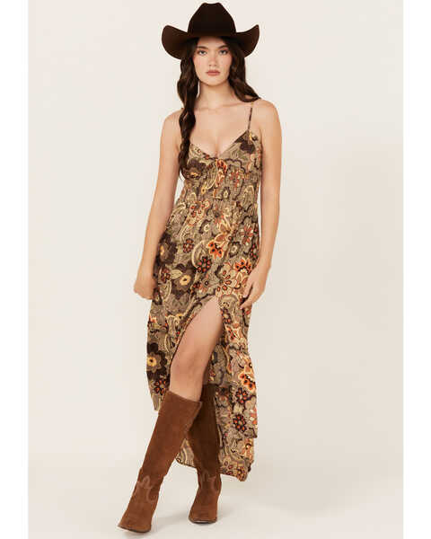 Image #1 - Angie Women's Floral Print Sleeveless Maxi Dress , Olive, hi-res