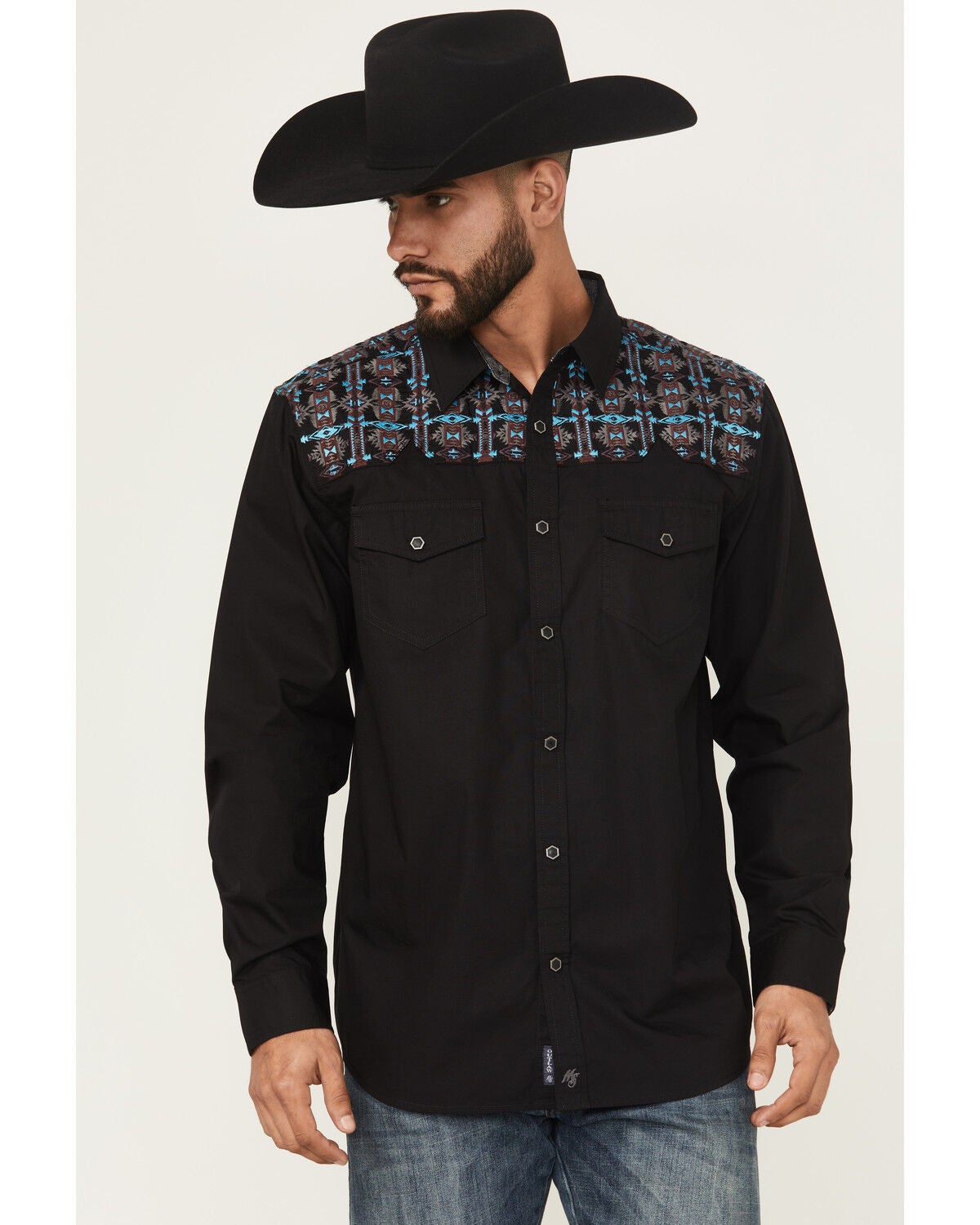 Moonshine Spirit&reg; Men's Instinct Embroidered Solid Long Sleeve Snap Western Shirt, Black, hi-res