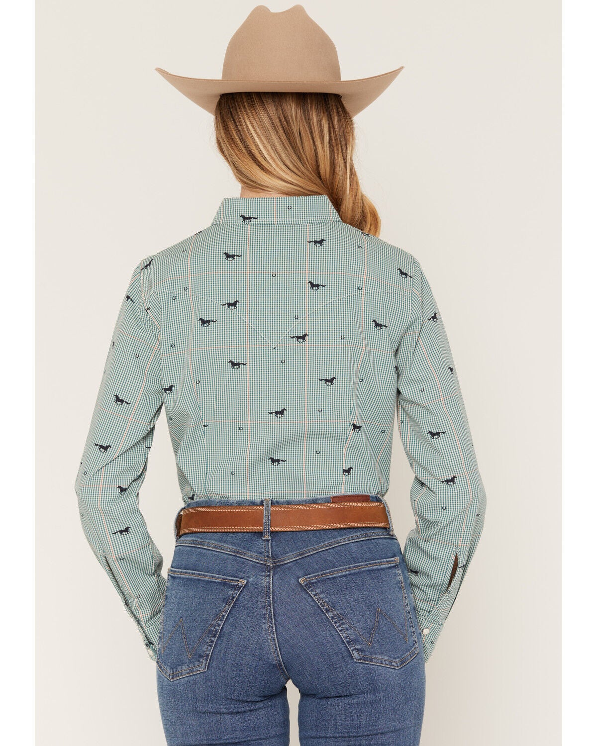 Image #4 - Wrangler Retro Women's Running Horse Plaid Print Long Sleeve Snap Western Shirt, Green, hi-res