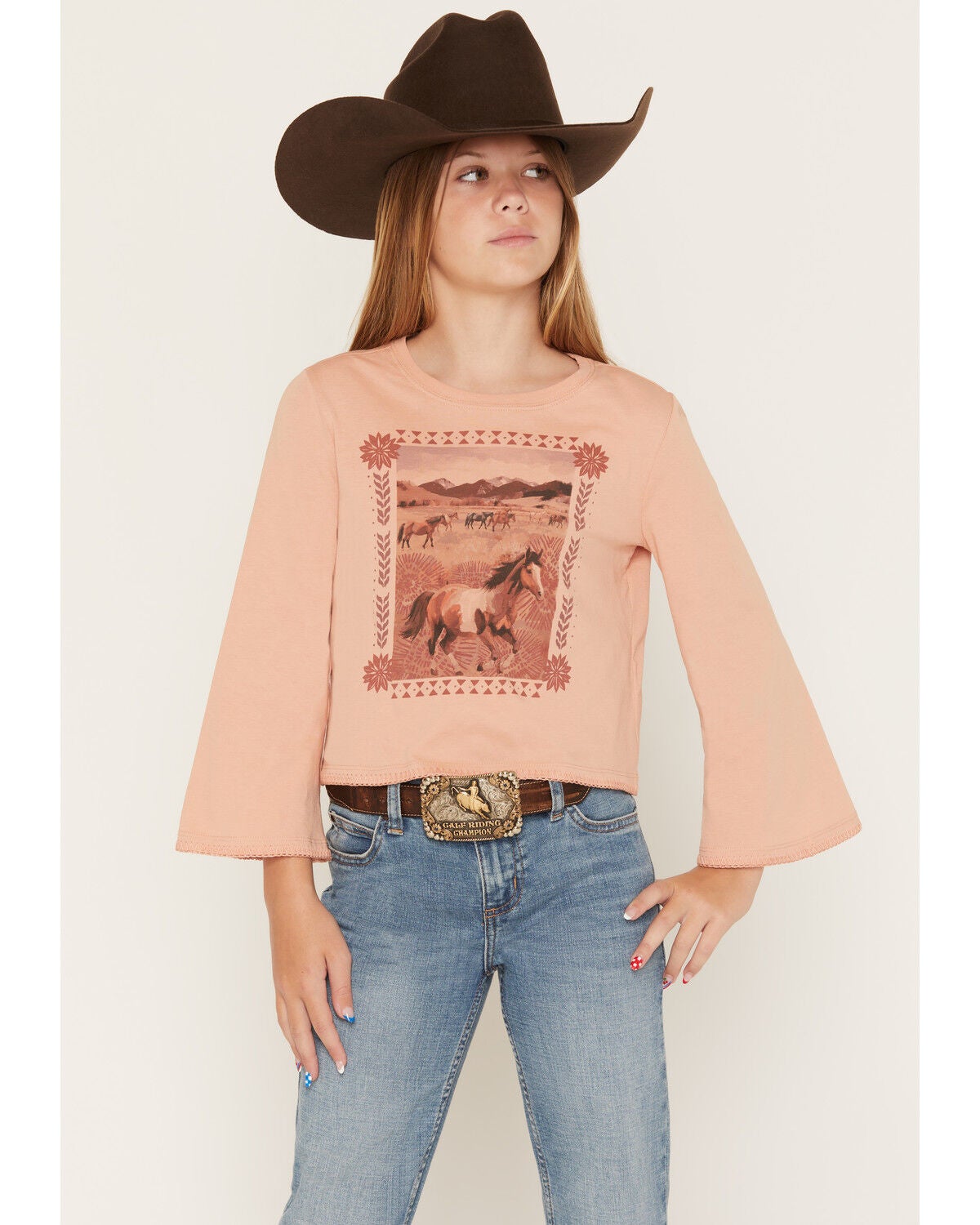 Image #1 - Shyanne Girls' Molly 3/4 Bell Sleeve Graphic Tee, Mauve, hi-res