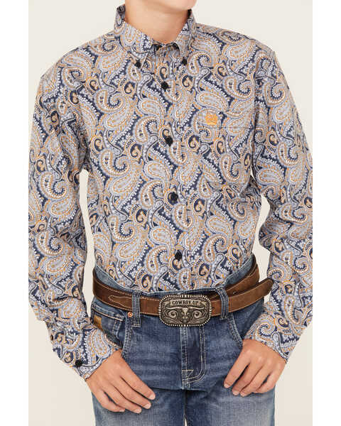 Image #3 - Cinch Boys' Paisley Print Long Sleeve Button Down Western Shirt, Light Blue, hi-res