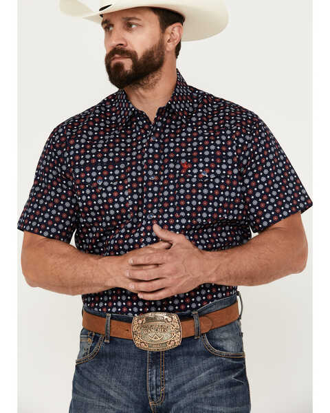 Image #1 - Rodeo Clothing Men's Medallion Print Short Sleeve Snap Western Shirt, Navy, hi-res