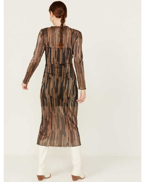 Image #4 - En Creme Women's Striped Mesh Long Sleeve Midi Dress, Brown, hi-res