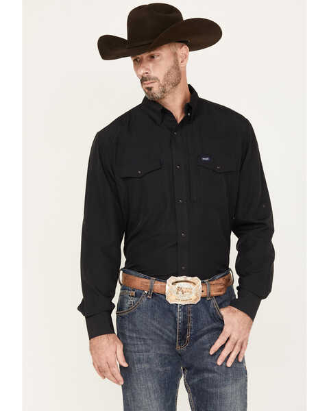 Image #1 - Wrangler Men's Solid Long Sleeve Snap Western Performance Shirt - Tall, Black, hi-res