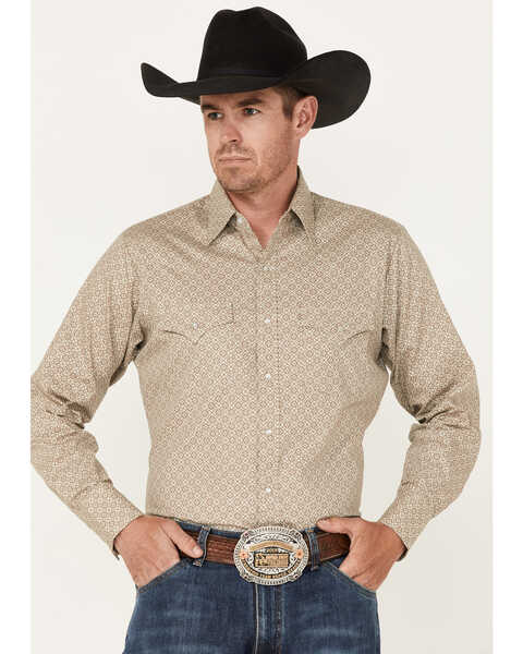 Image #1 - Ely Walker Men's Geo Print Long Sleeve Pearl Snap Western Shirt, Beige/khaki, hi-res