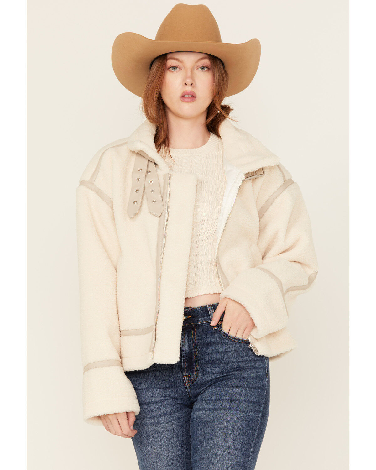 Image #2 - Revel Women's Sherpa Trim Moto Jacket, White, hi-res
