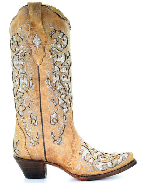 Image #2 - Corral Women's Glitter Floral Inlay Western Boots - Snip Toe, Beige/khaki, hi-res