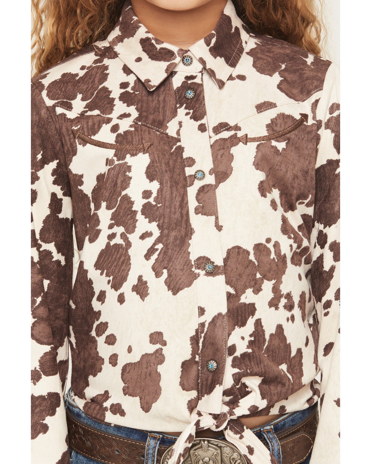 Image #3 - Shyanne Girls' Naomi Cow Print Long Sleeve Tie Western Shirt, Brown, hi-res