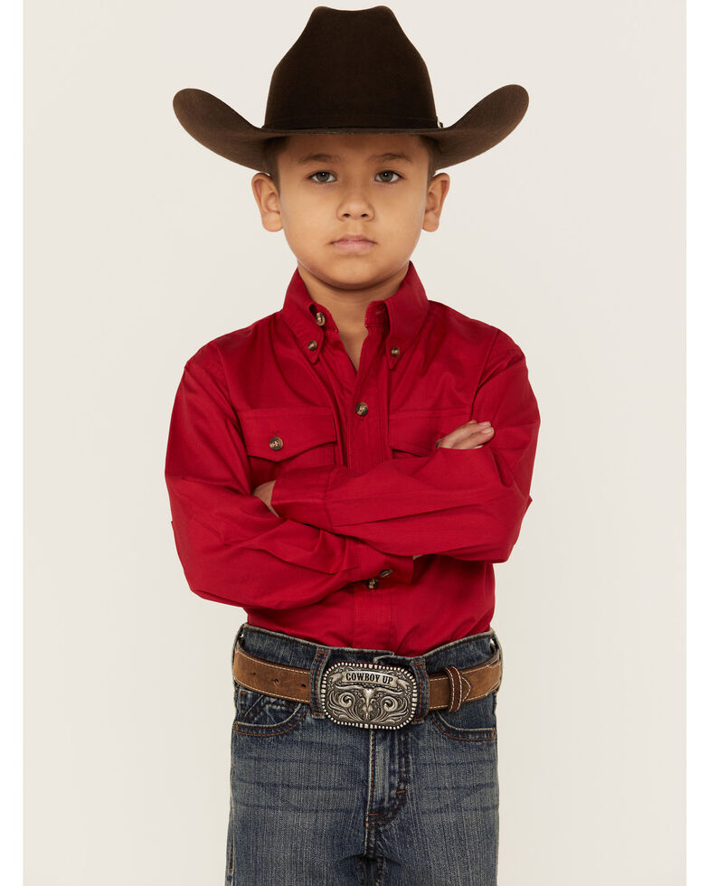 Roper Boy's Long Sleeve Poplin Western Shirt, Red, hi-res