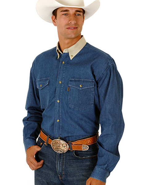 Roper Men's Contrasting Collar Twill Long Sleeve Western Shirt - Big & Tall, Denim, hi-res